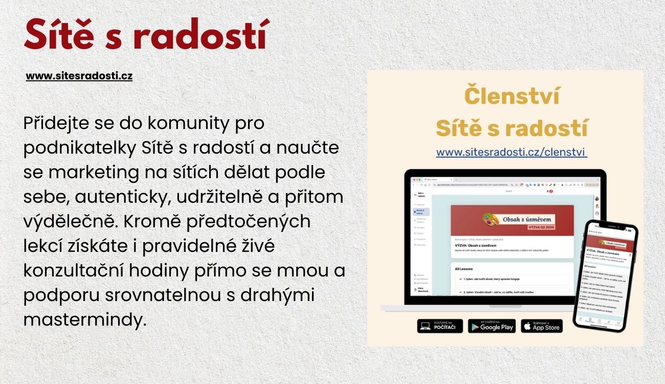 Klára Mouchová pomáhá podnikatelkám nastavit marketing na sociálních sítích tak, aby přinášel výsledky a zároveň dělal radost. Konzultace, školení, mentoring i členství Sítě s radostí. Marketing na Instagramu a Facebooku pro malé značky a podnikatelky (online).