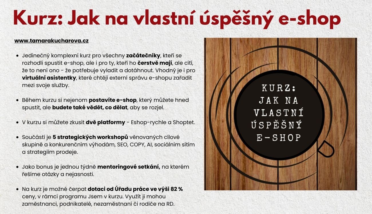 Tamara Kuchařová - tamarakucharova.cz - lektorka a konzultantka pro e-shopaře, e-shop na klíč, jak si postavit a vytvořit e-shop, SEO, Google Analytics, PPC reklama na FB, IG, sKlik a GoogleAds. Portál Prodáváme srdcem.