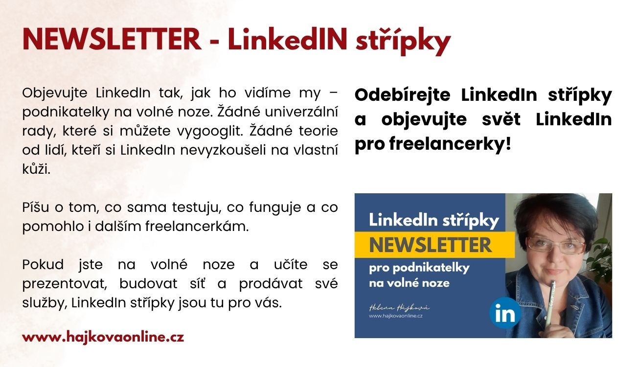 hajkovaonline.cz - Helena Hájková, průvodkyně sítí LinkedIn pro podnikatelky na volné noze. LinkedIn průvodkyně, podnikatelky na volné noze, social selling, freelancing, prezentace, social media.