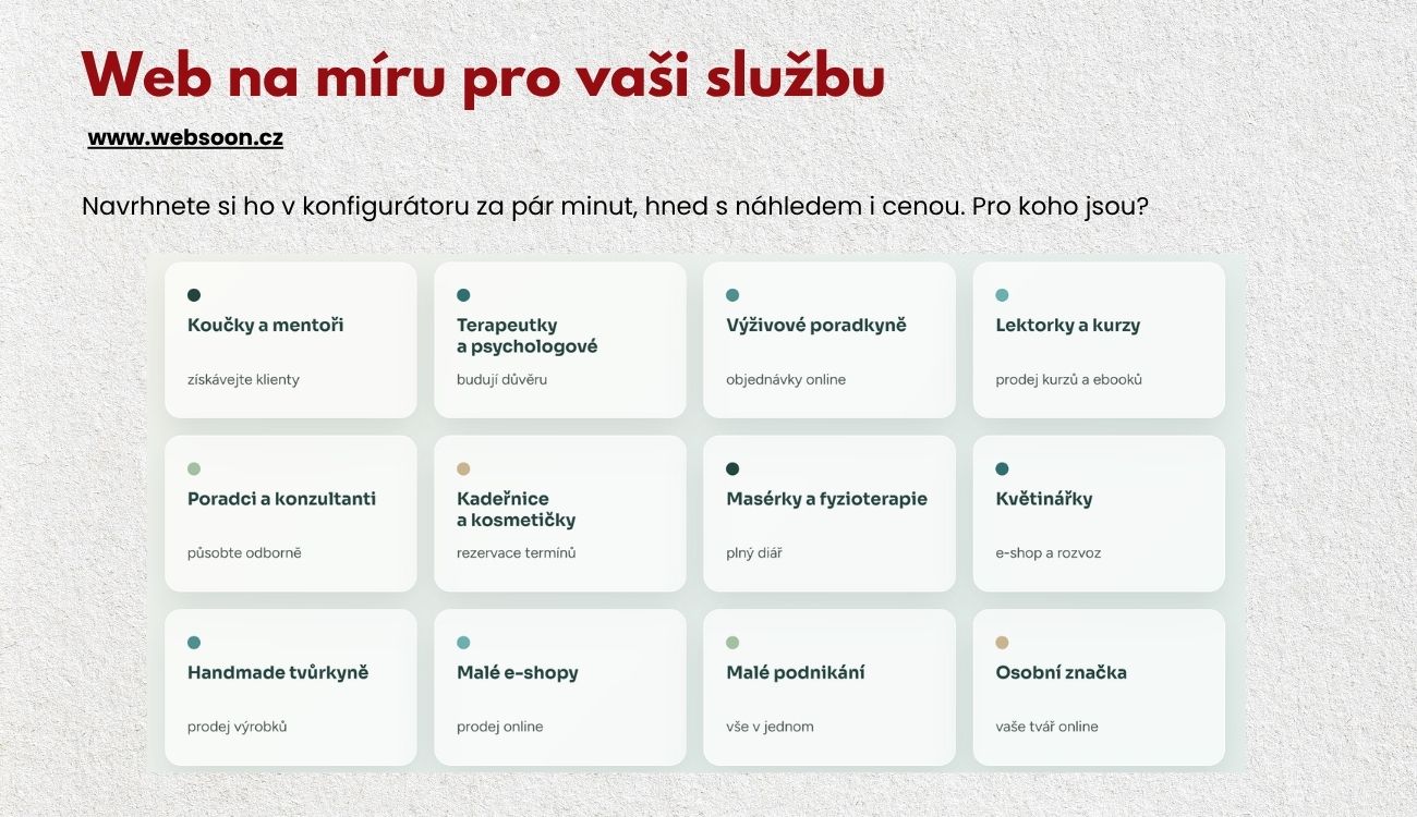 Petra Jóbová, Websoon, tvorba webů, tvorba webových stránek, weby na míru, web pro podnikatelky, web pro koučky, web pro terapeutky, web pro lektorky, web pro malé podnikatele, webdesign, SEO, SEO optimalizace, GEO optimalizace, optimalizace pro AI, automatizace webu, rezervační systém, rezervační kalendář, prodejní web, e-shop na míru, členská sekce, SimpleShop, Ecomail, automatizace e-mailů, osobní značka, tvorba webu Praha
